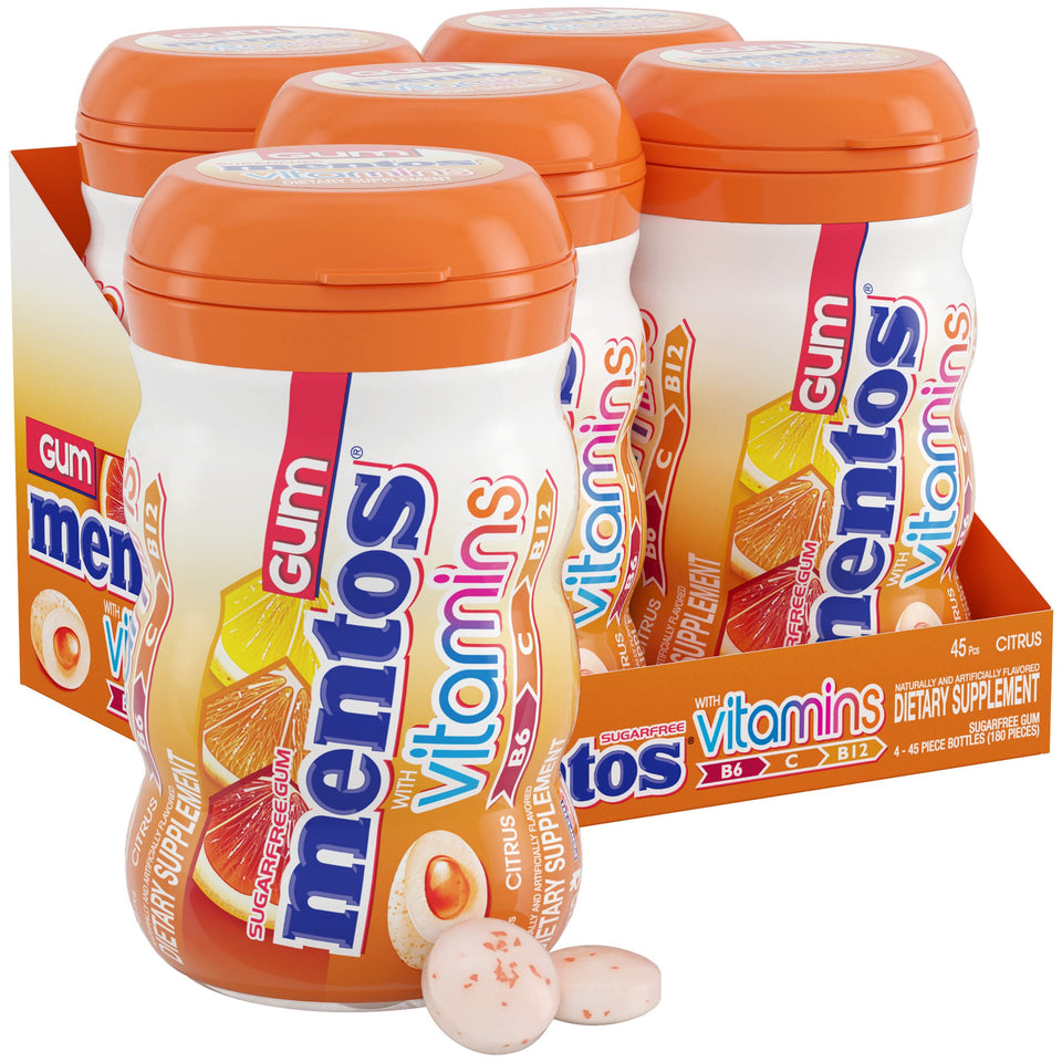 Mentos Vitamins Gum Citrus bottle with 45 pieces for long-lasting freshness on the go.
