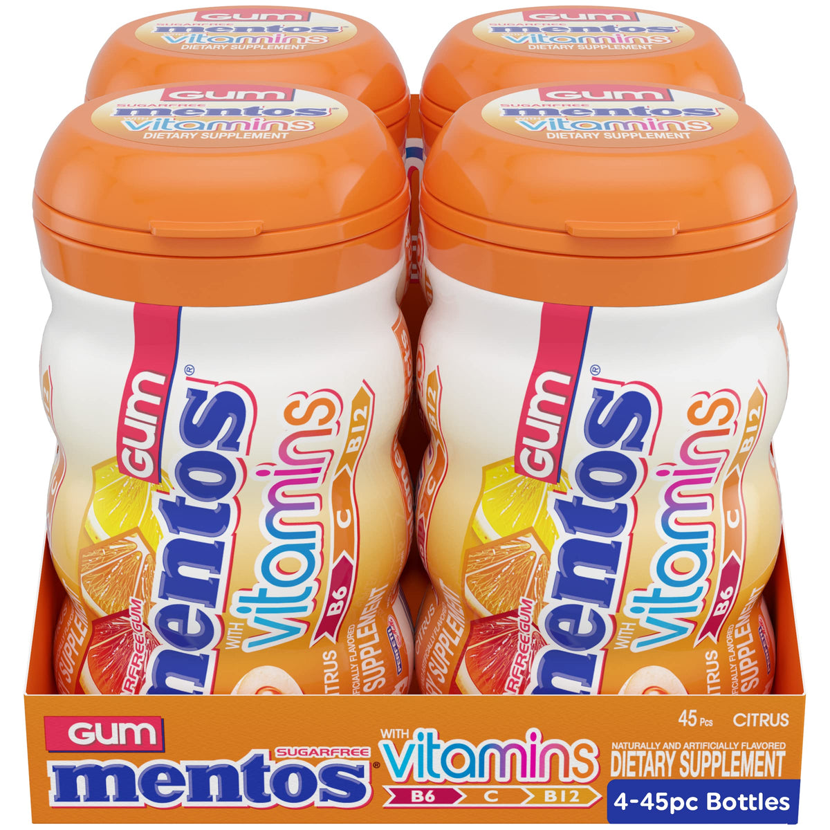 Mentos Vitamins Gum Citrus pack open showing resealable container for convenient daily use.