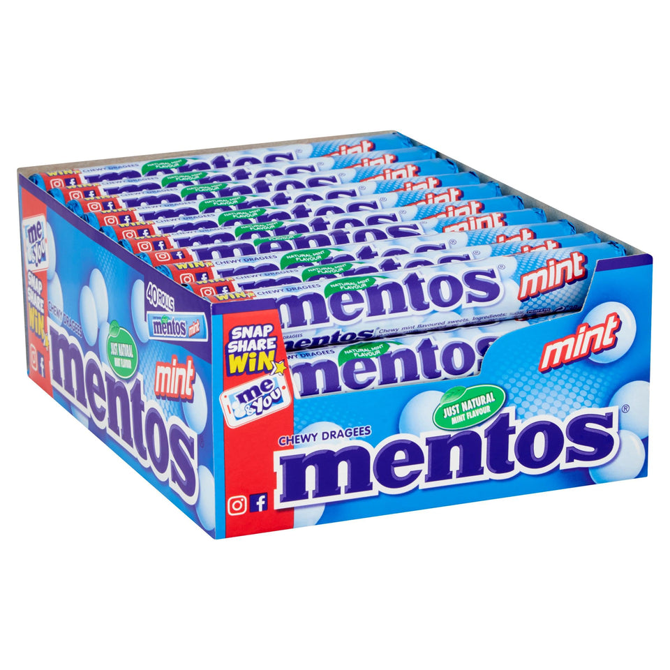 Mentos Mint Chewy Dragees 38 g front view, 40-pack for quick refreshment