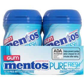 Mentos packaging display emphasizing sugar-free mint freshness.