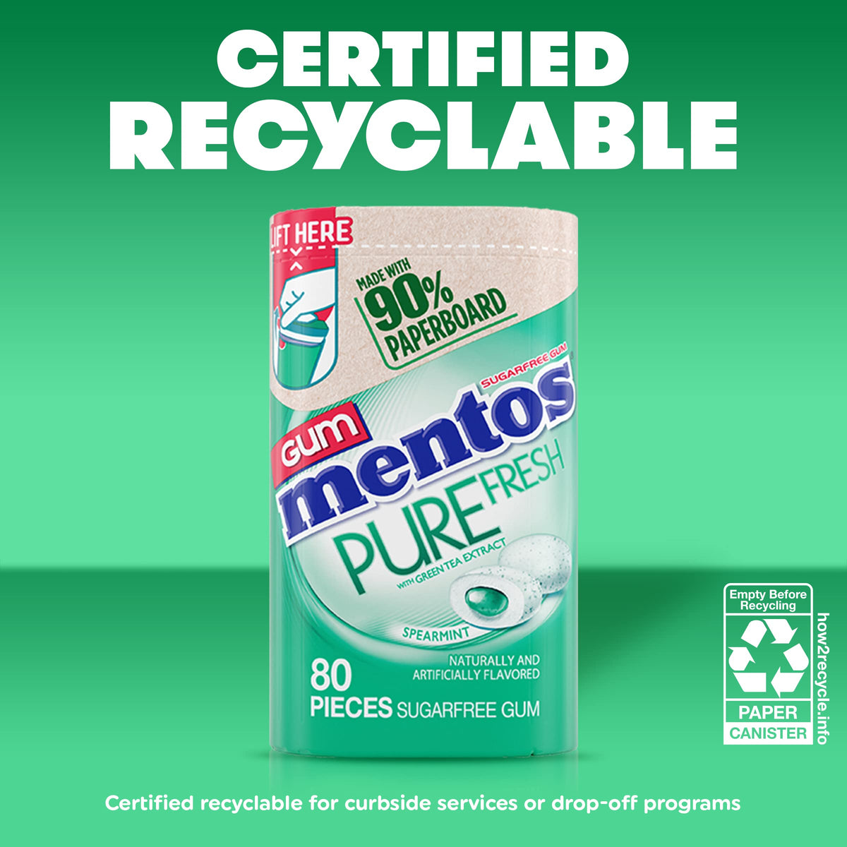 Mentos Pure Fresh 90% paperboard bottle highlighting recyclable packaging.