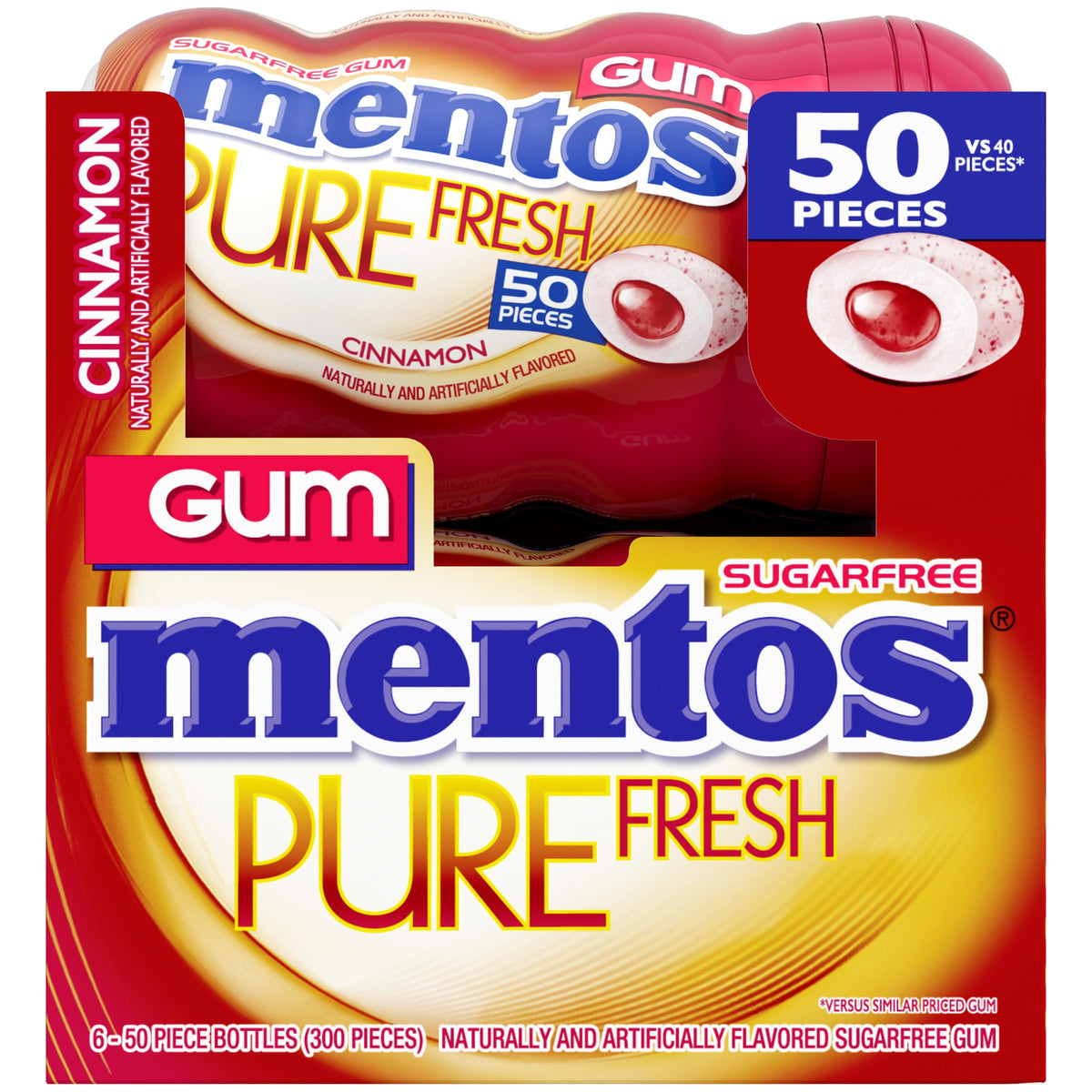 Mentos Pure Fresh Cinnamon gum 50 pieces inside bottle for convenient, long-lasting freshness