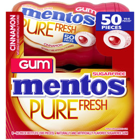 Mentos Pure Fresh Cinnamon gum 50 pieces inside bottle for convenient, long-lasting freshness