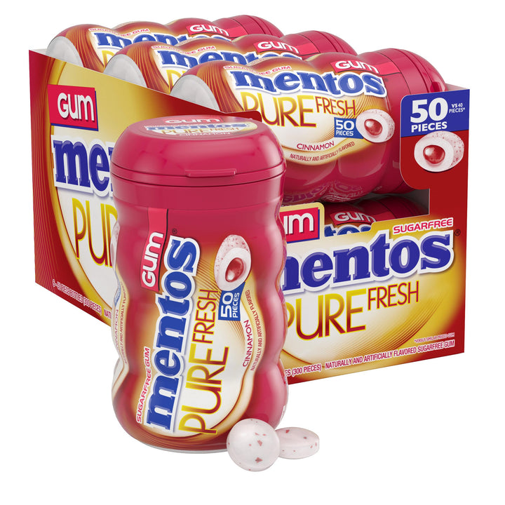 Mentos Pure Fresh Cinnamon gum bottle shown with a resealable cap for on-the-go freshness