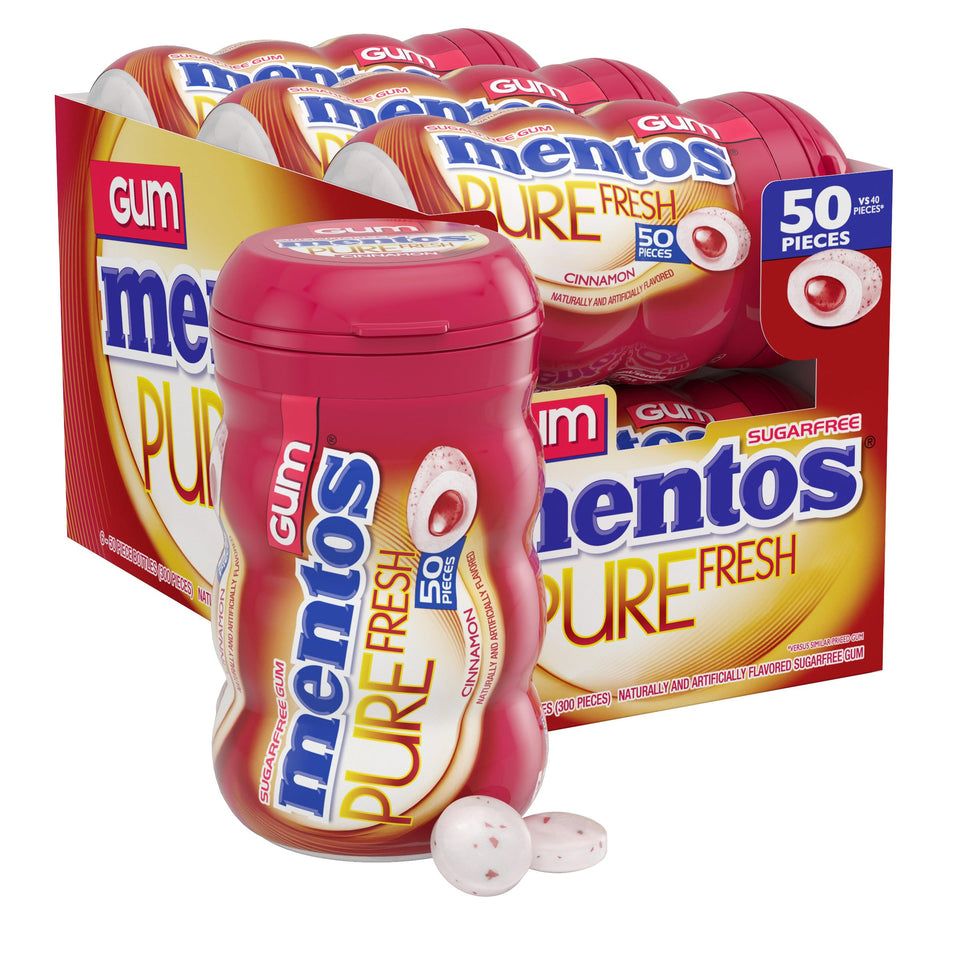 Mentos Pure Fresh Cinnamon gum bottle shown with a resealable cap for on-the-go freshness