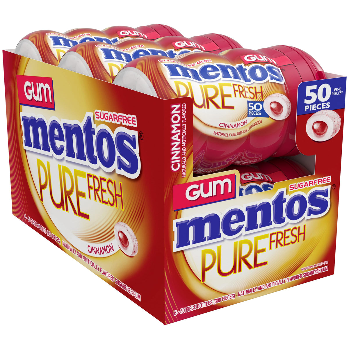 Mentos Pure Fresh Cinnamon gum piece reveals crisp shell and soft center for enjoyable flavor