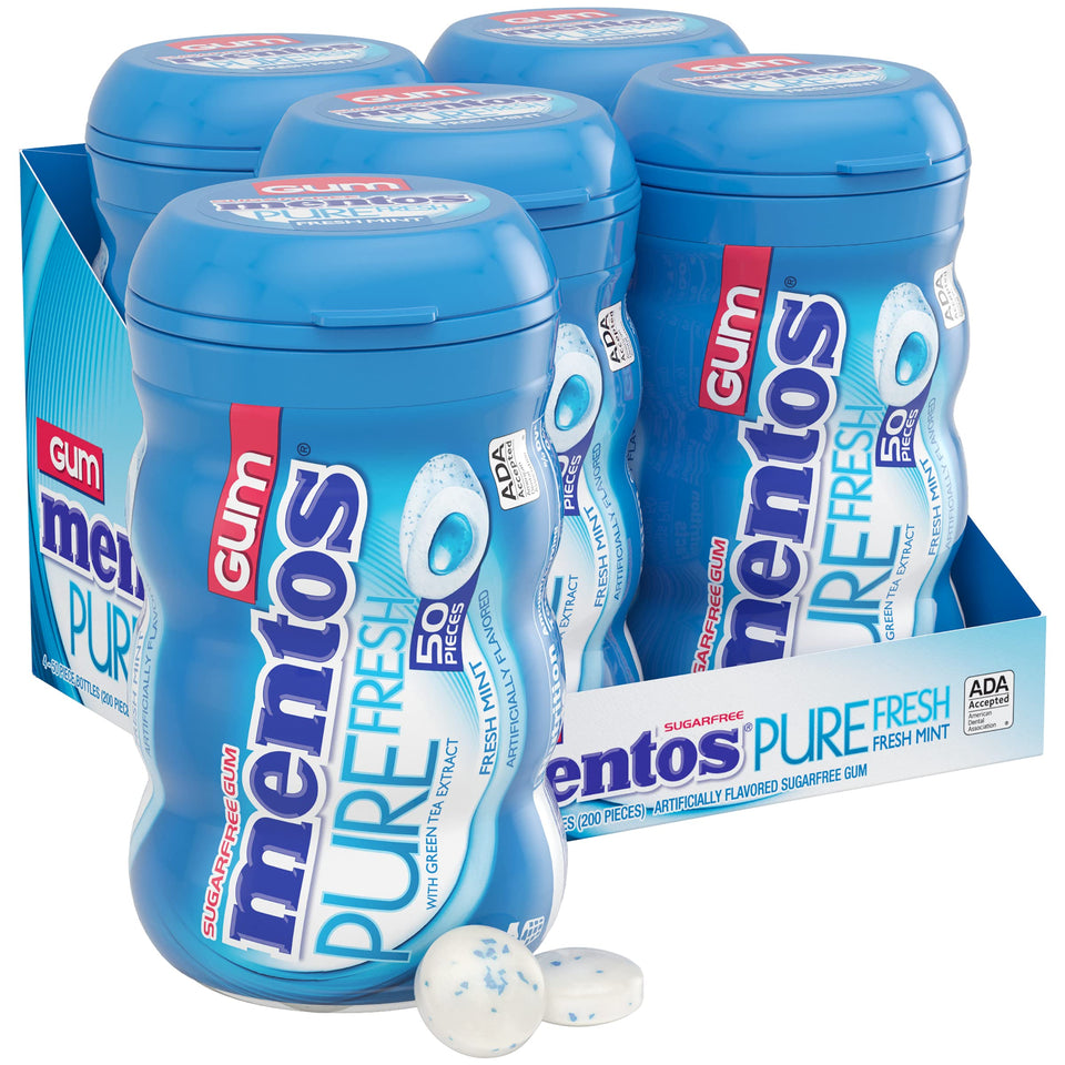 Mentos Pure Fresh gum curvy bottle with mint flavor for desk freshness.