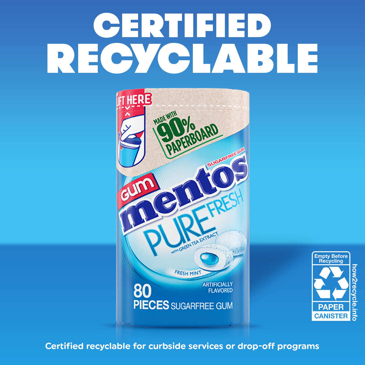 Eco-friendly Mentos Pure Fresh packaging using 90% paperboard for curbside recycling
