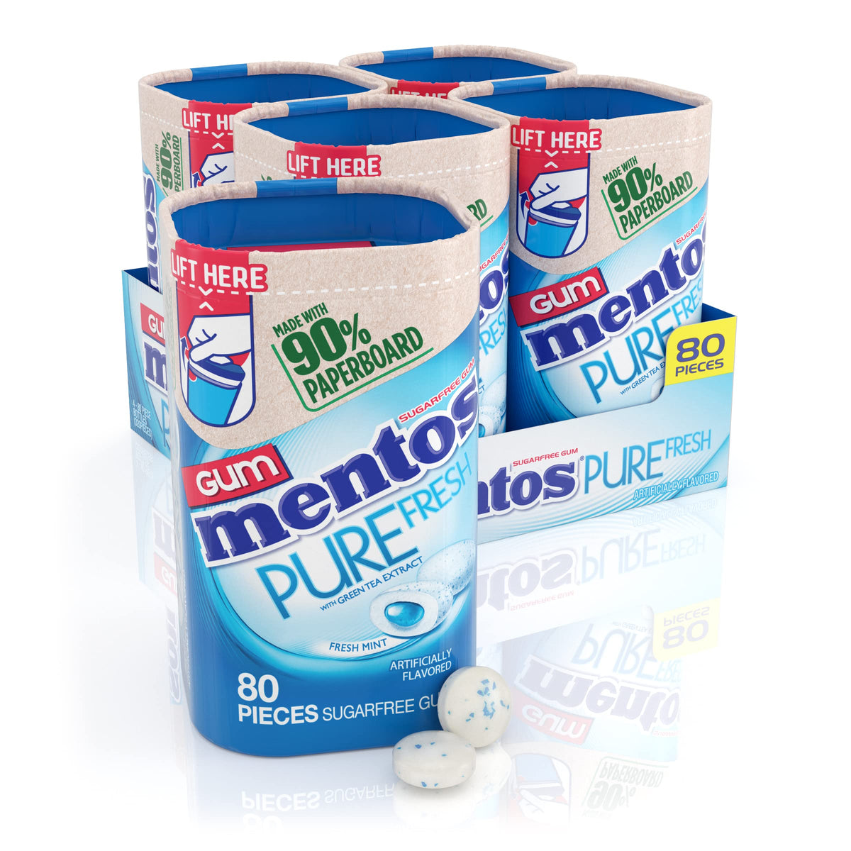 Mentos Pure Fresh gum bottle with recyclable 90% paperboard packaging for eco-friendly freshness