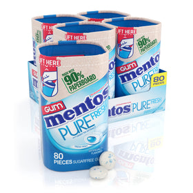 Mentos Pure Fresh gum bottle with recyclable 90% paperboard packaging for eco-friendly freshness