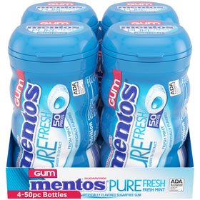 Mentos Pure Fresh gum Fresh Mint in a compact bottle for travel.