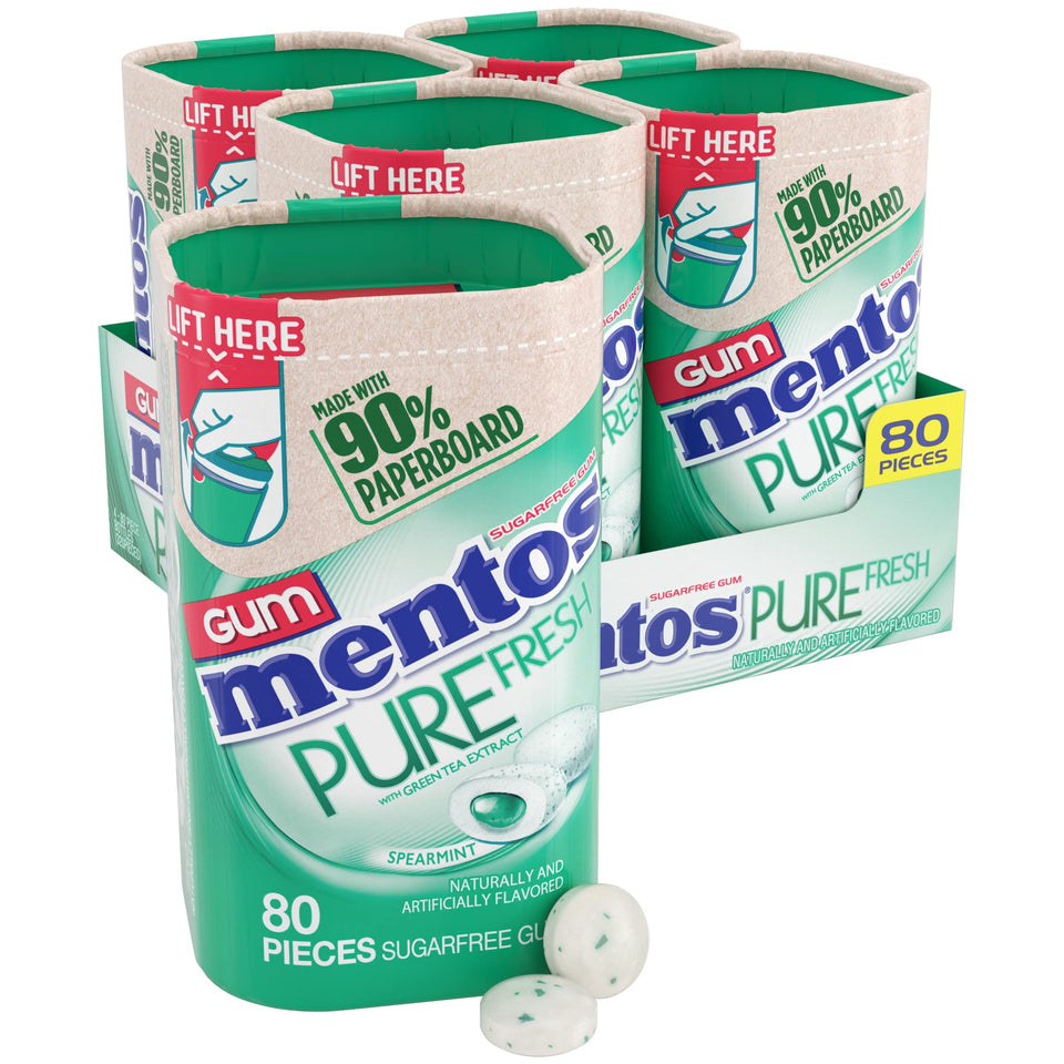 Mentos Pure Fresh spearmint bottle front for on-the-go freshness.