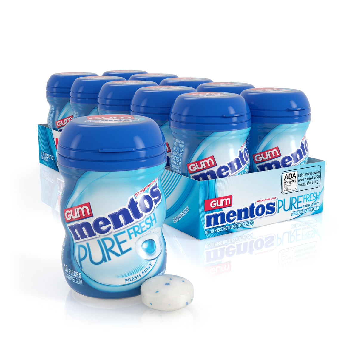 Mentos Pure Fresh Spearmint gum bottle shown for on-the-go freshness.