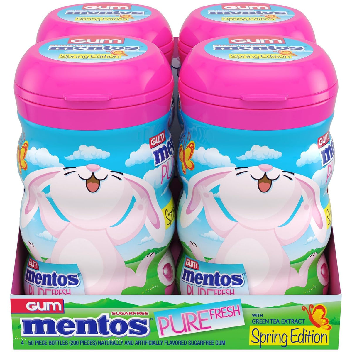 Mentos Pure Fresh Spring gum close-up highlighting crunchy shell and sugar-free formula.