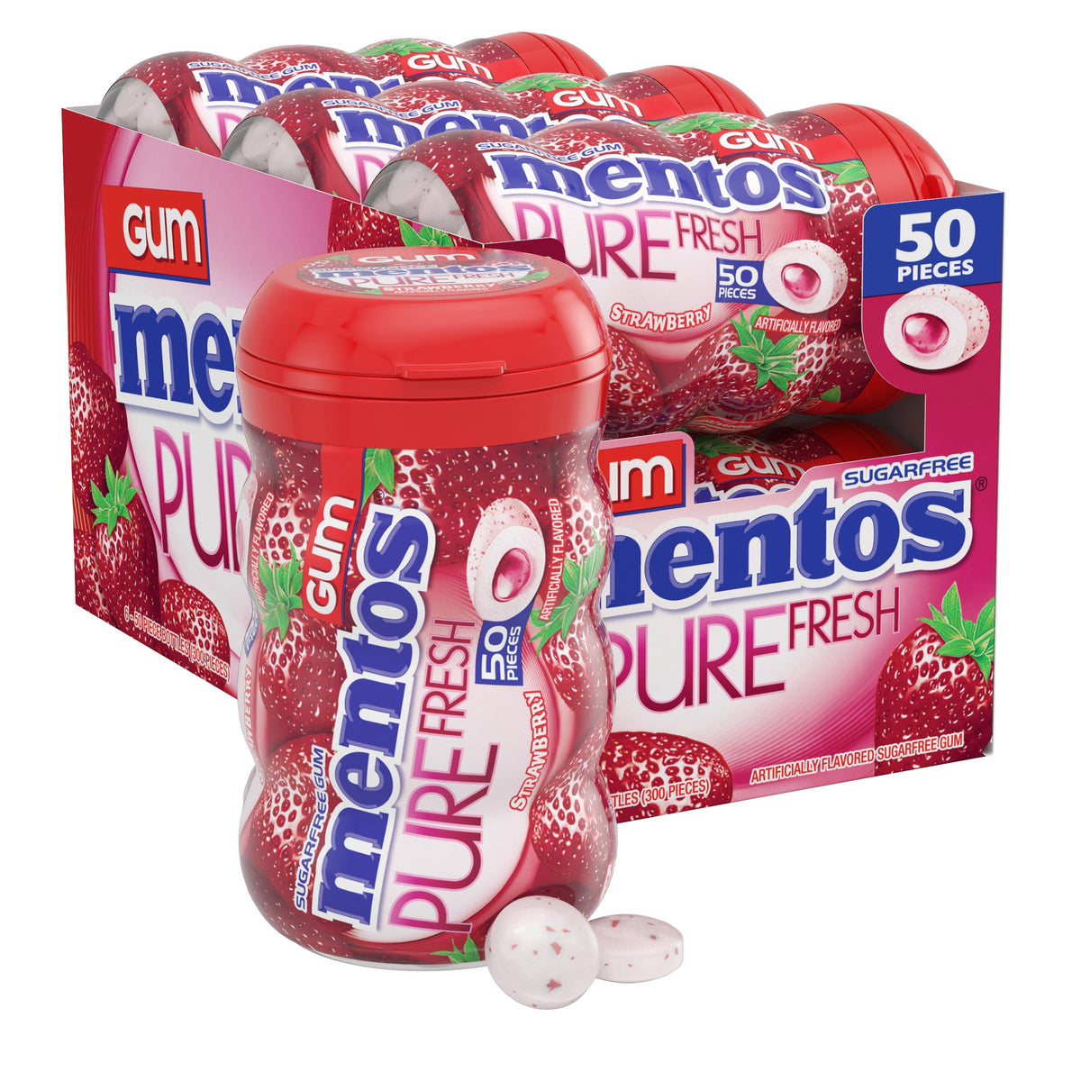 MENTOS Pure Fresh Strawberry gum bottles in a 6-pack for desk and commute