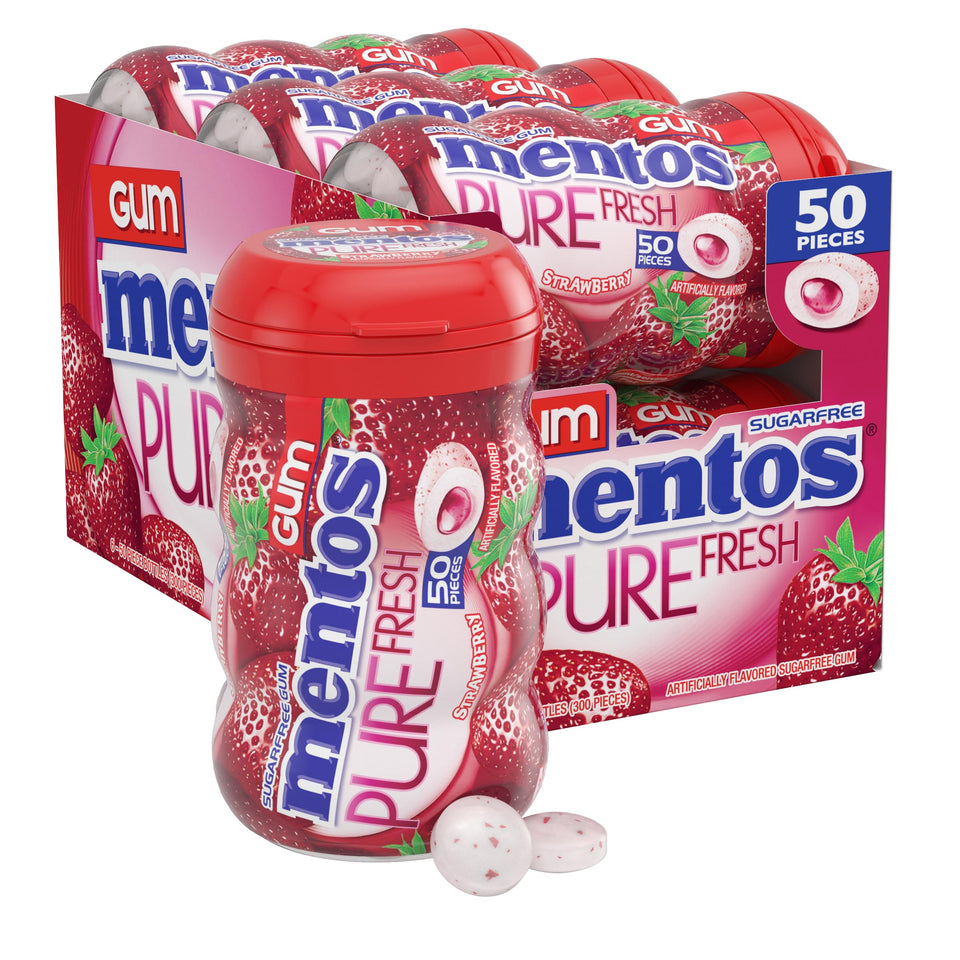 MENTOS Pure Fresh Strawberry gum bottles in a 6-pack for desk and commute