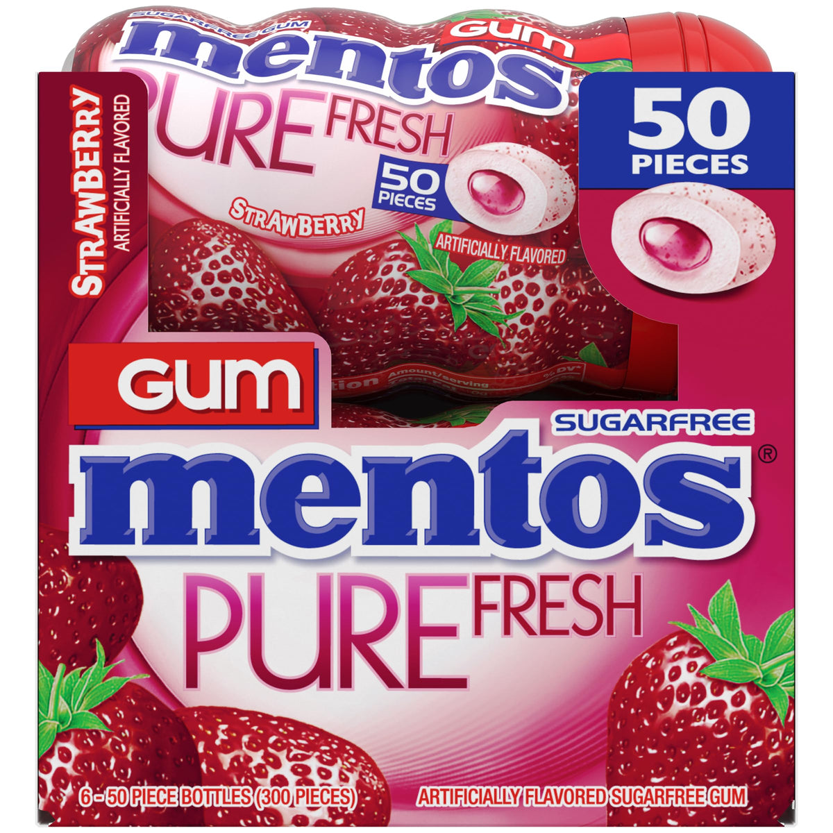Gum bottles from Mentos Pure Fresh Strawberry ready for desk or bag