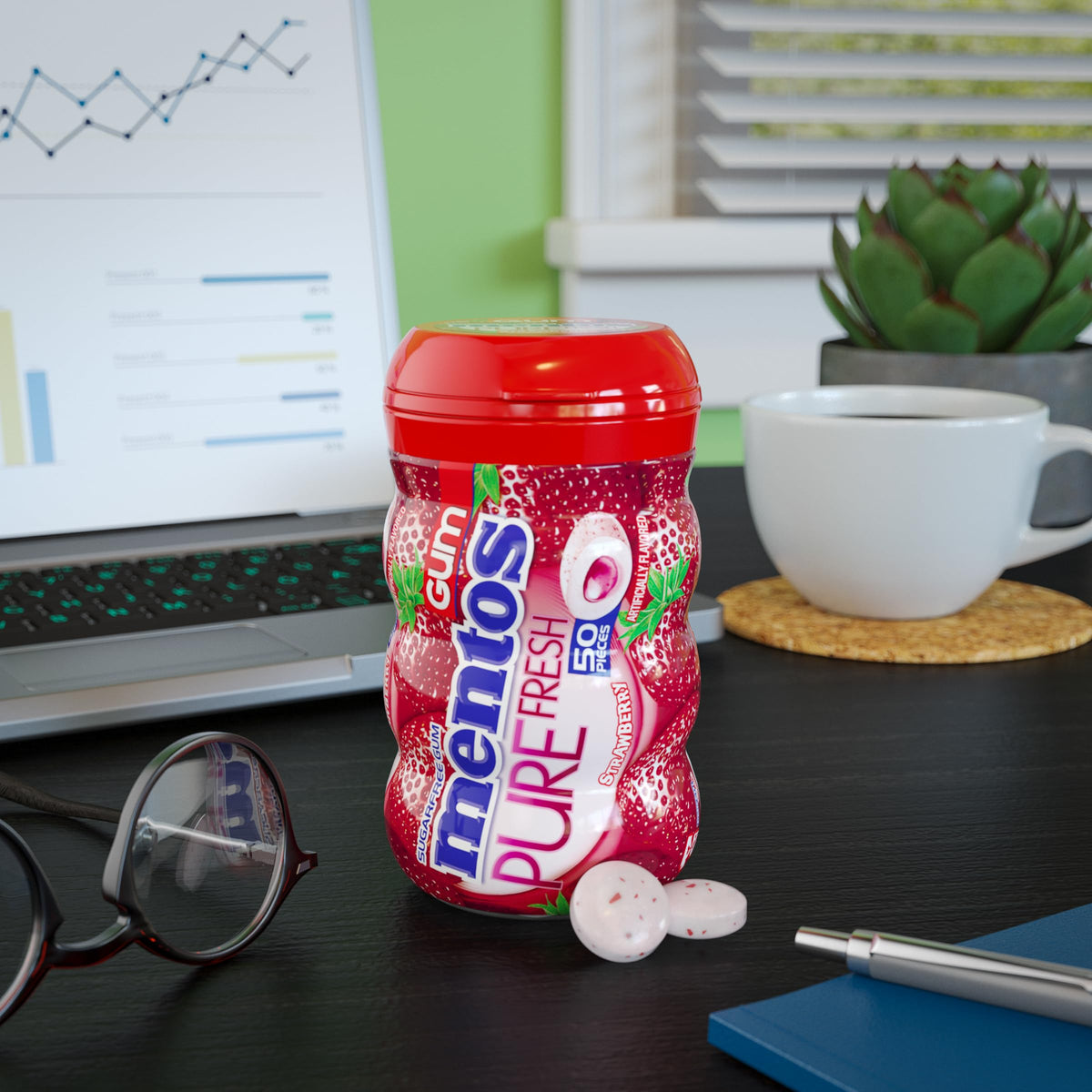 Close-up of Mentos Pure Fresh Strawberry packaging for bulk purchase