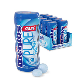 Mentos Pure Fresh gum bottle with mint flavor, showcasing long-lasting freshness.