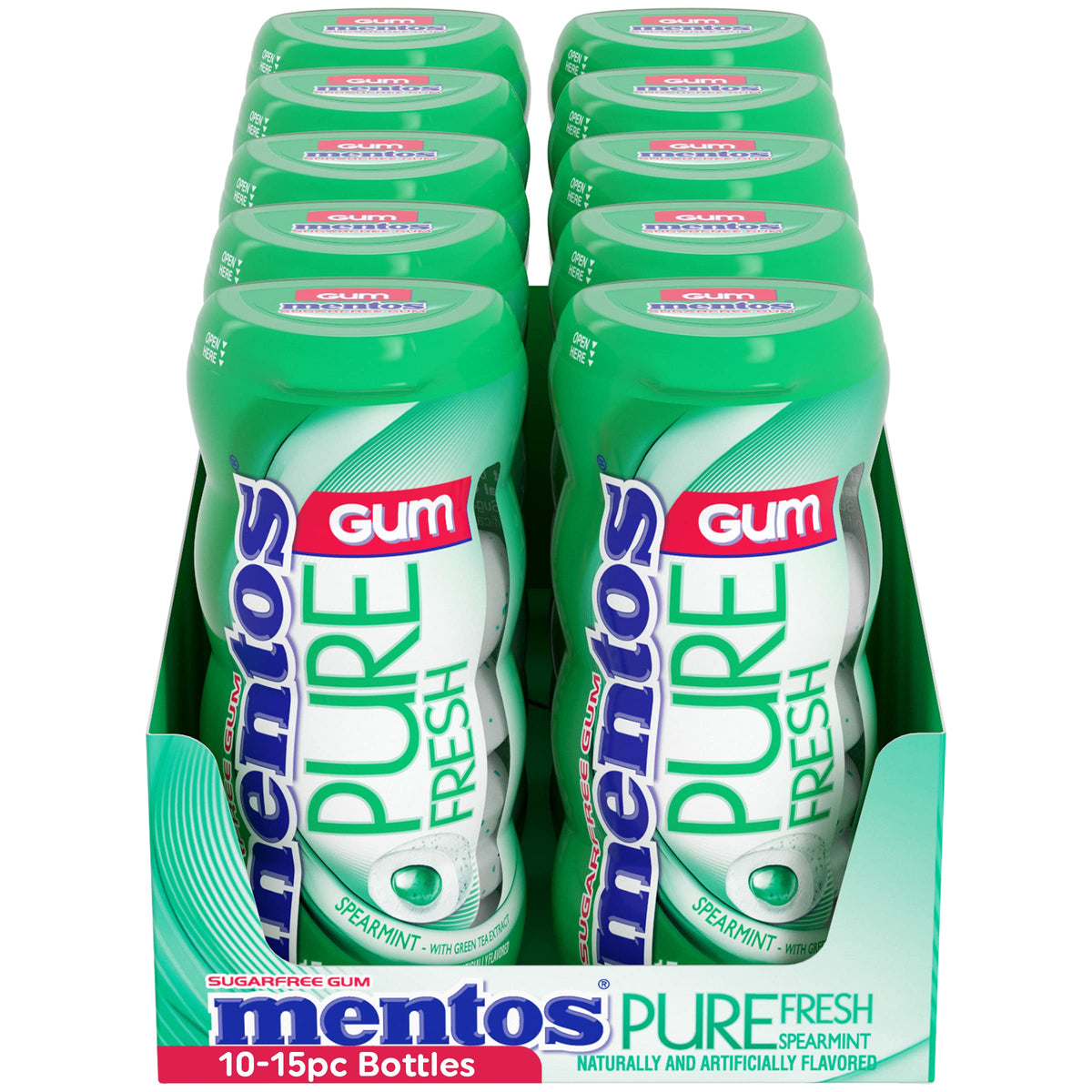 Close-up of Mentos Pure Fresh spearmint pieces for quick refreshment.