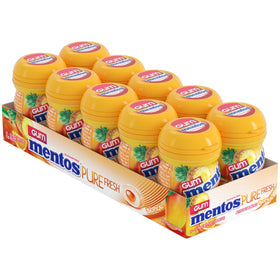 Mentos Pure Fresh Tropical gum bottle close-up showing sugar-free freshness with xylitol