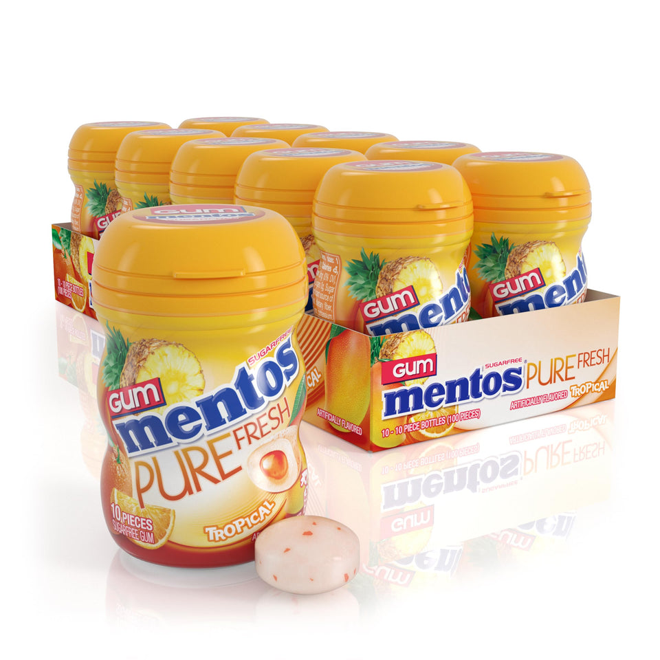 Mentos Pure Fresh Tropical gum bottle close-up for on-the-go freshness
