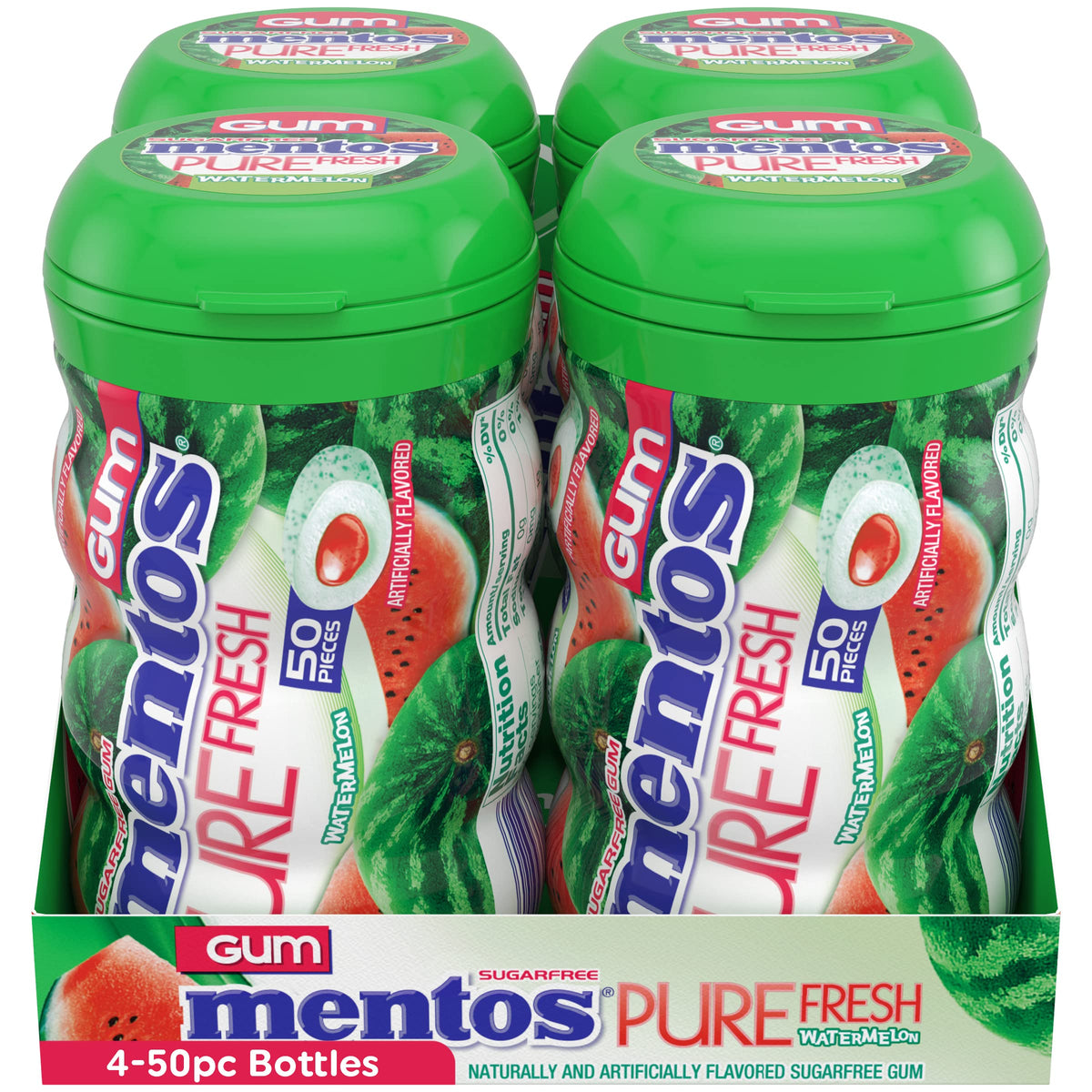 Mentos Pure Fresh Watermelon SugarFree gum bottle side view for pocket convenience