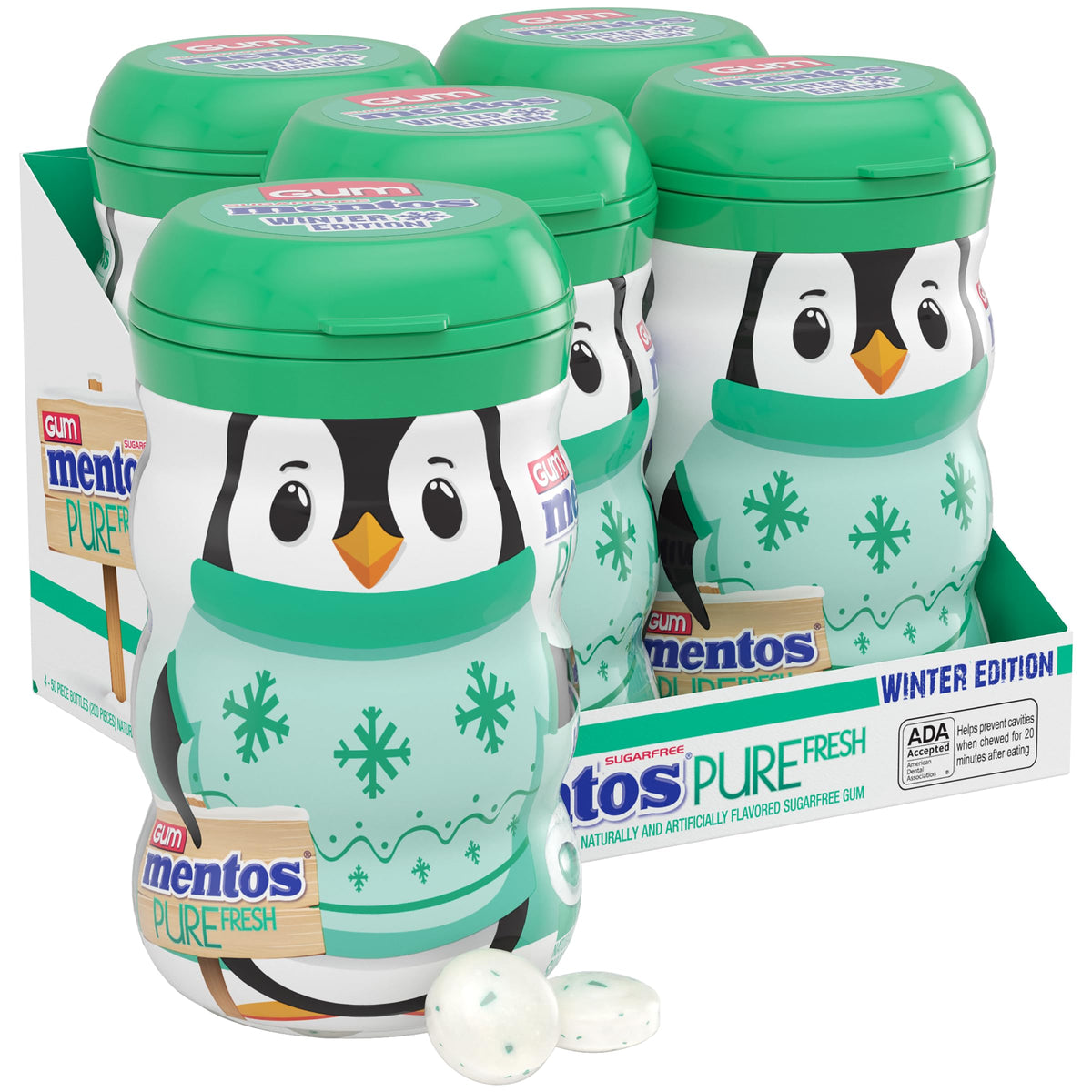 MENTOS Pure Fresh Winter Edition bottle front view with festive penguin design for quick refresh