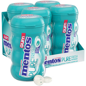 Mentos Pure Fresh Wintergreen gum pack shows 50-count bulk packaging for on-the-go breath refresh