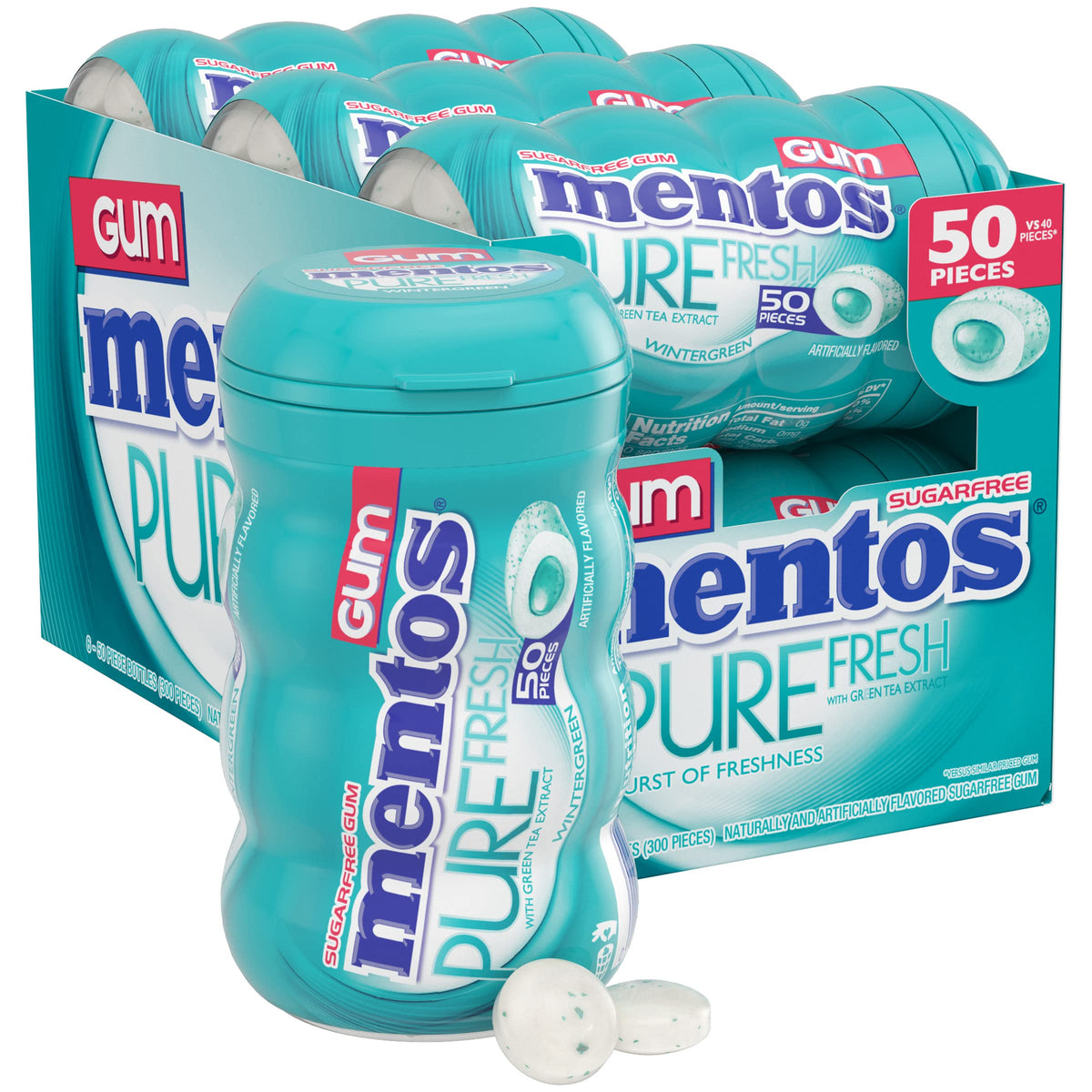 MENTOS Pure Fresh Wintergreen gum bottle in a bulk pack for on-the-go freshness.