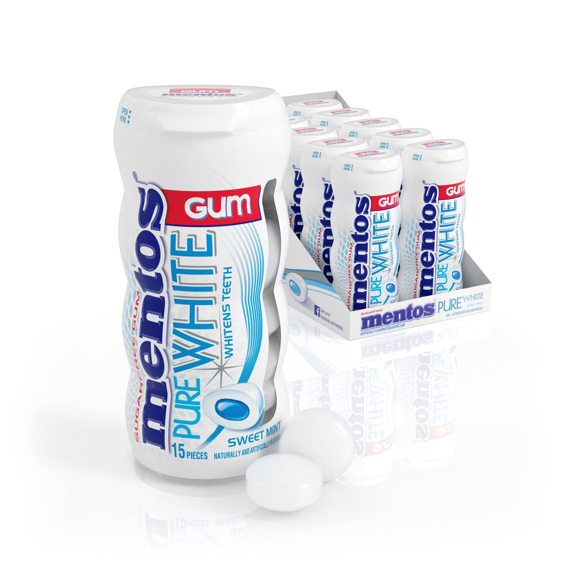 Mentos Pure White gum bottle with 15 pieces for on-the-go freshness.