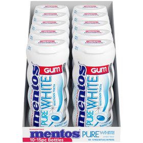 Close-up of Mentos Pure White gum bottle being opened for portable mint refresh.
