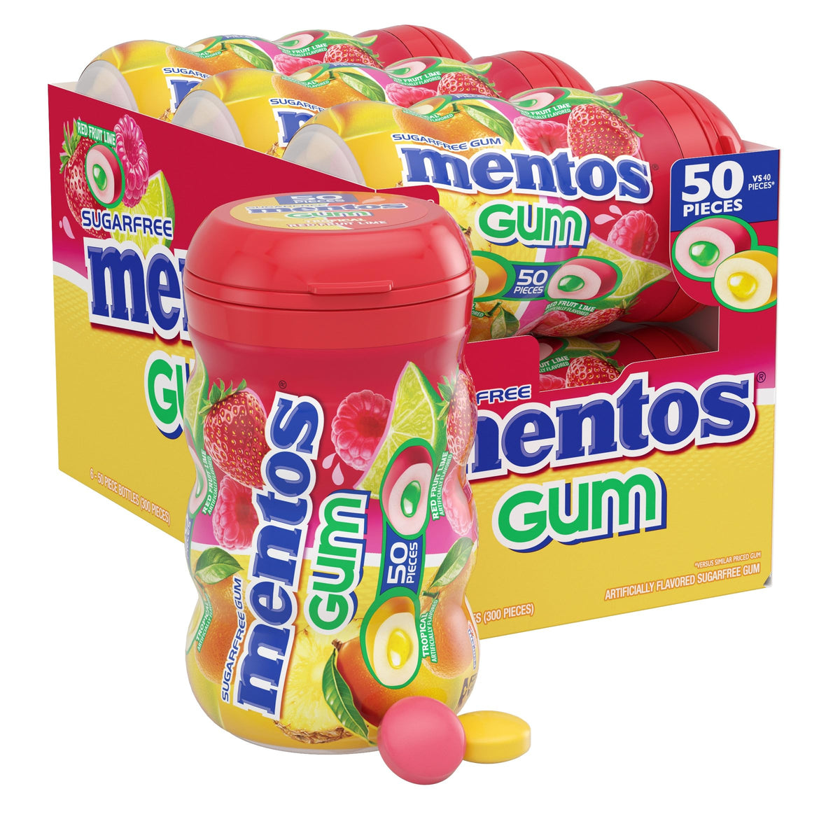 Mentos Red Fruit Lime gum bottle on the go for fresh breath.