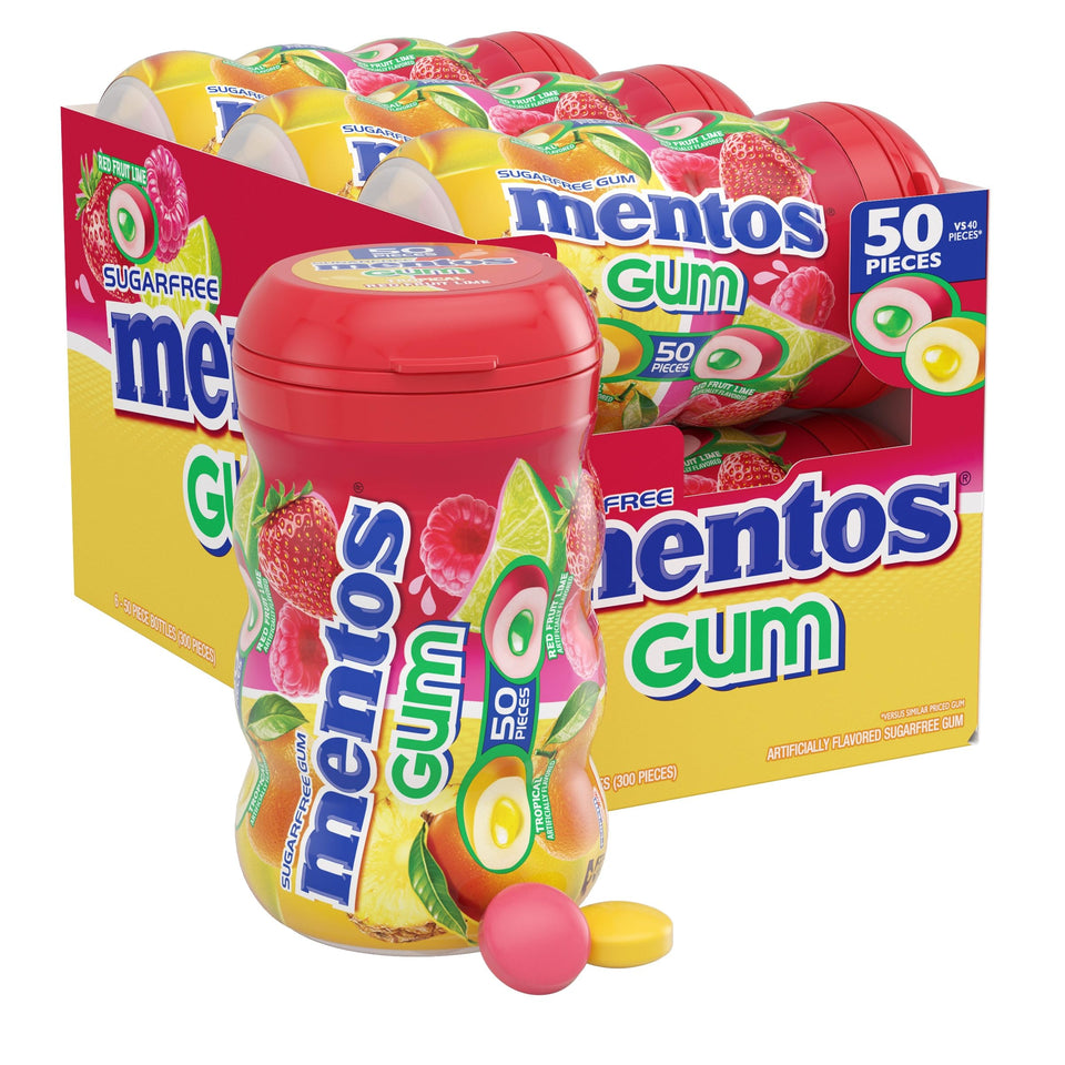 Mentos Red Fruit Lime gum bottle on the go for fresh breath.