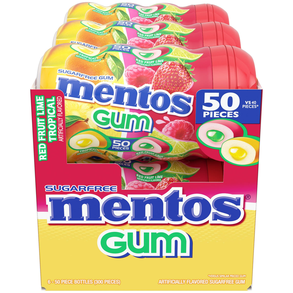 Mentos Red Fruit Lime gum piece shows crunchy shell with soft center.
