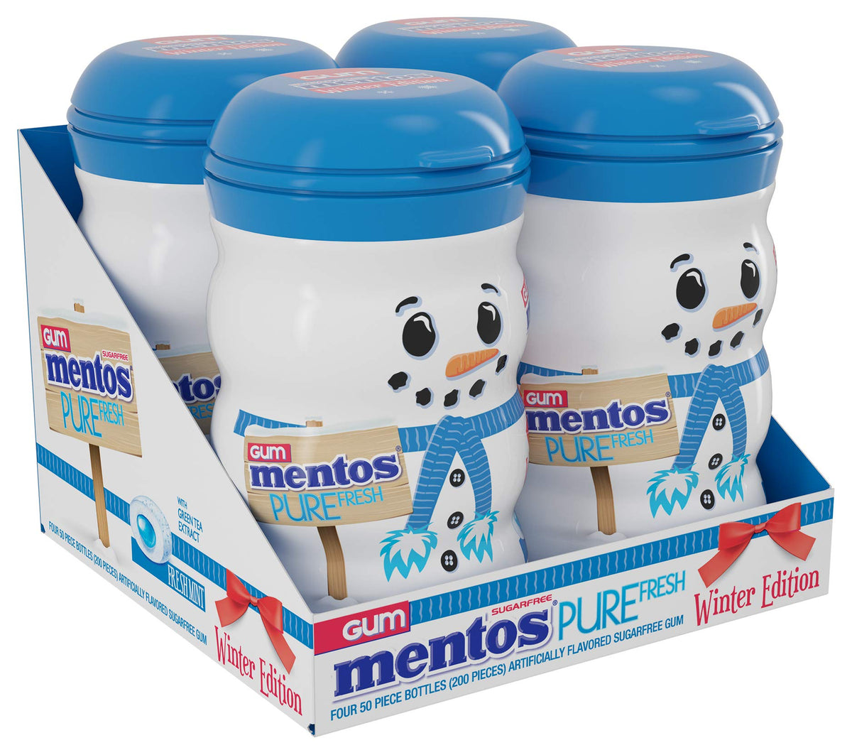Mentos Snowman Bottle Fresh Mint gum for long-lasting breath on the go.