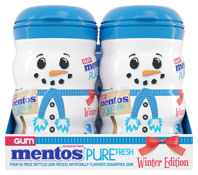 Mentos Snowman Bottle Holiday Edition keeps breath fresh during celebrations.