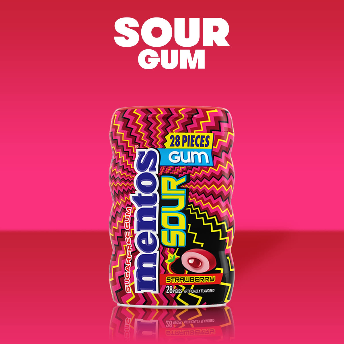 Mentos Sour Strawberry Gum bottle design with vibrant branding.