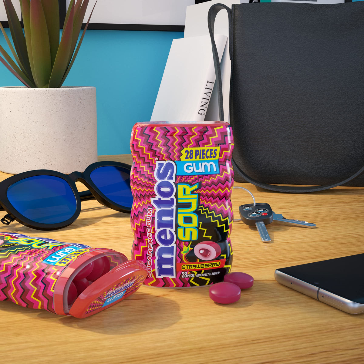 Mentos Sour Strawberry Gum bottle label emphasizes flavor and sugar-free formula.