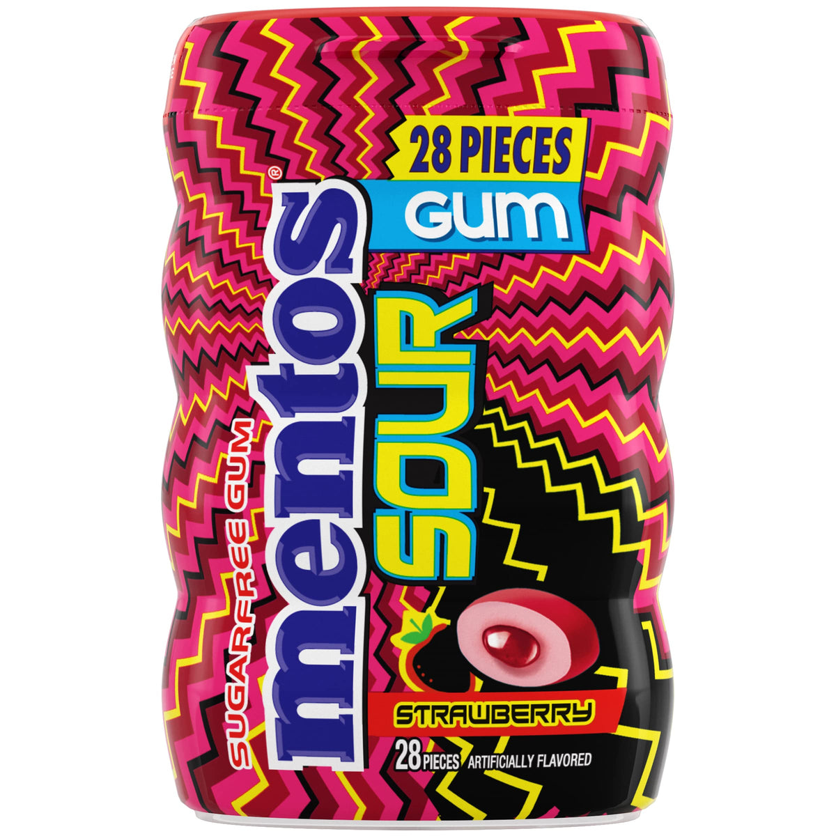 Mentos Sour Strawberry Gum piece closeup highlighting fruity flavor.
