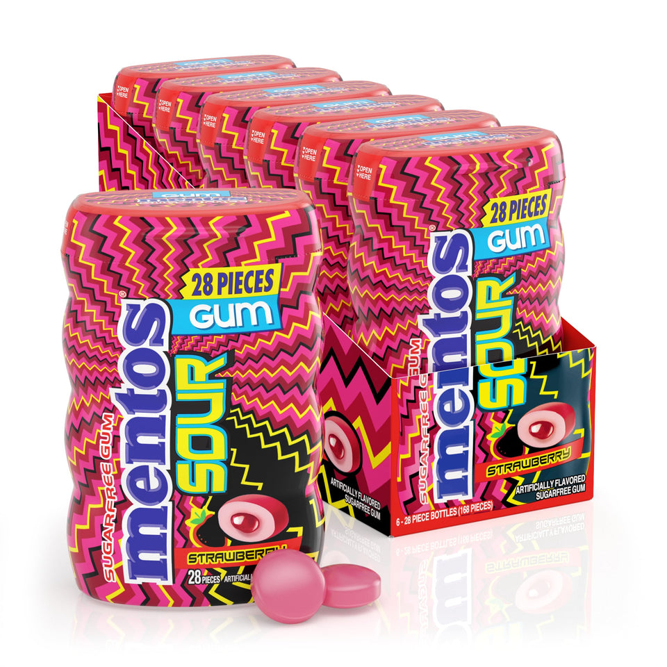 Mentos Sour Sugar-Free Gum six-bottles pack shot for on-the-go freshness.