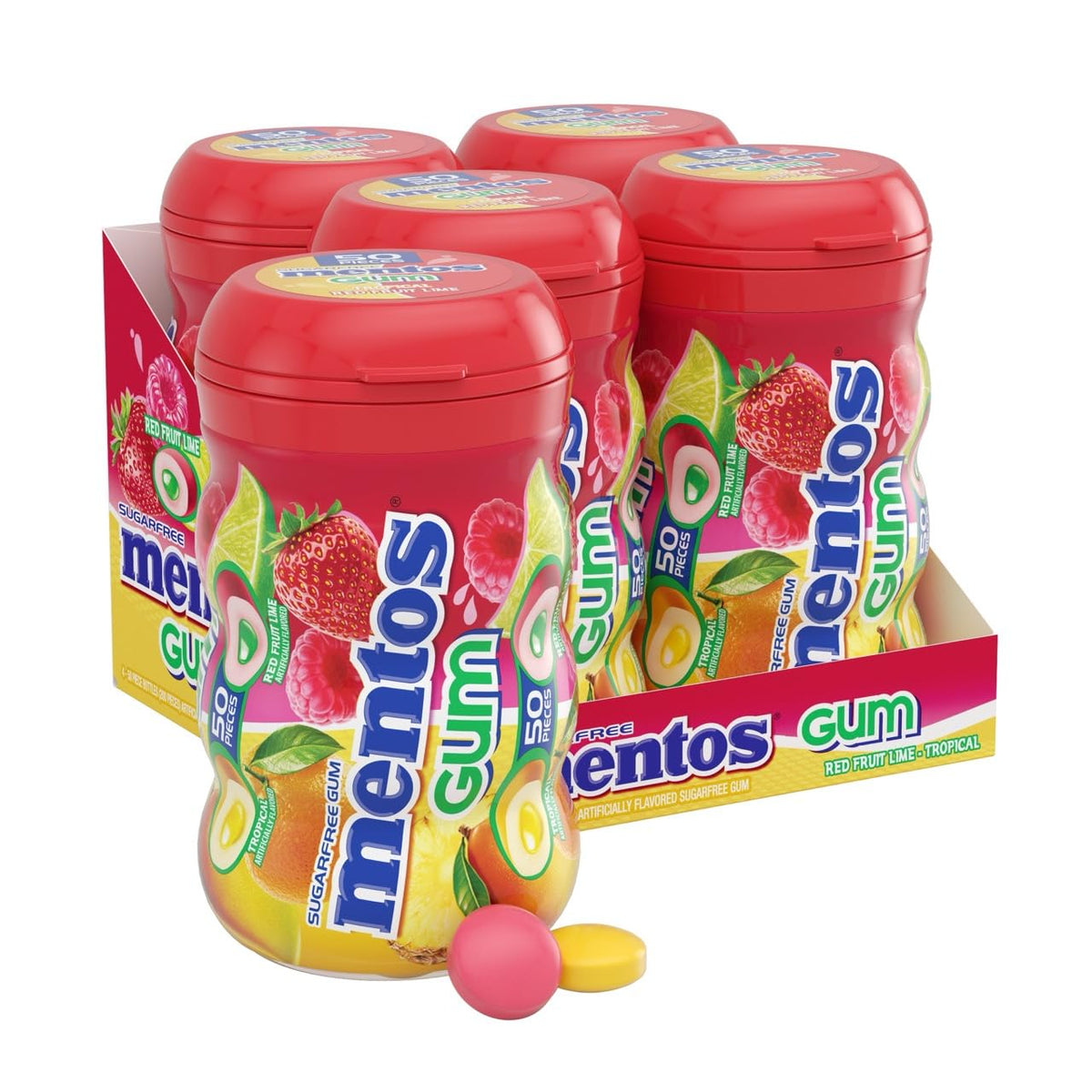 Mentos Sugar-Free chewing gum tropical red fruit lime bottle closed for on-the-go freshness