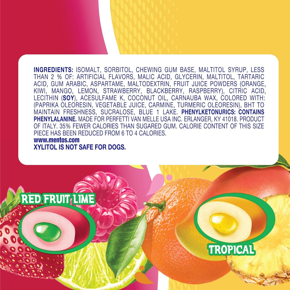 Mentos Sugar-Free chewing gum tropical red fruit lime bottle front view for easy sharing