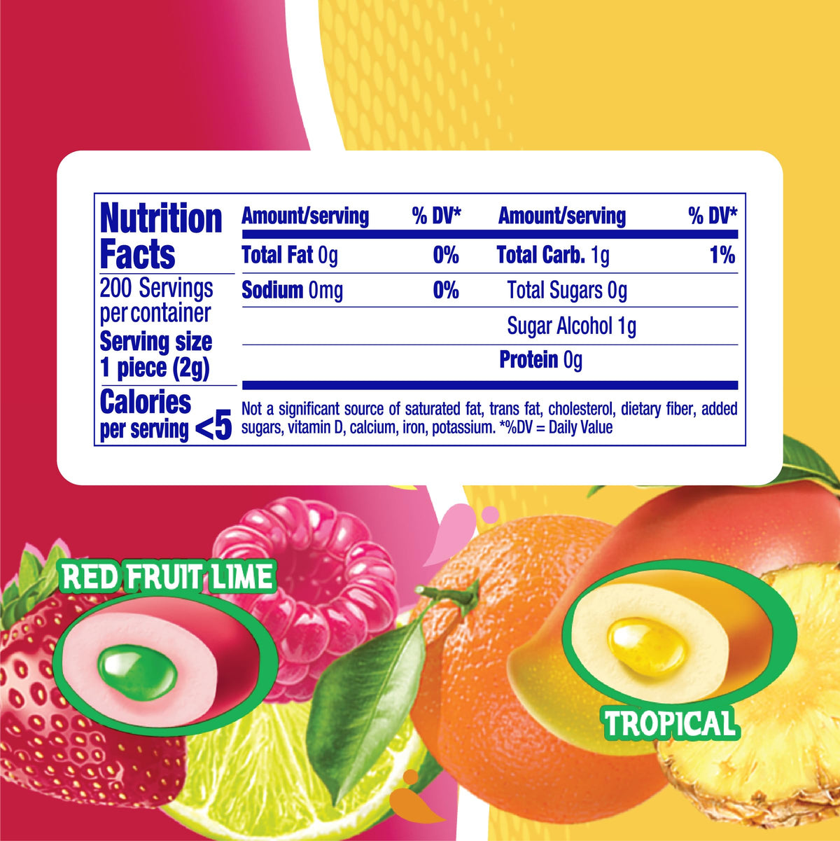 Mentos Sugar-Free chewing gum tropical red fruit lime piece out for immediate enjoyment