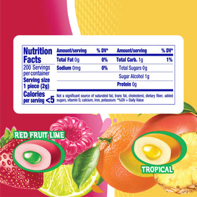 Mentos Sugar-Free chewing gum tropical red fruit lime piece out for immediate enjoyment