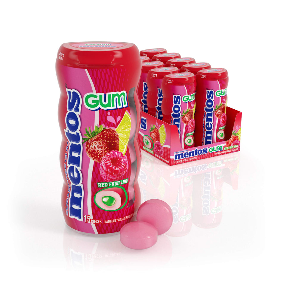 Mentos SugarFree gum bottle with red fruit lime, quick fresh breath on the go.