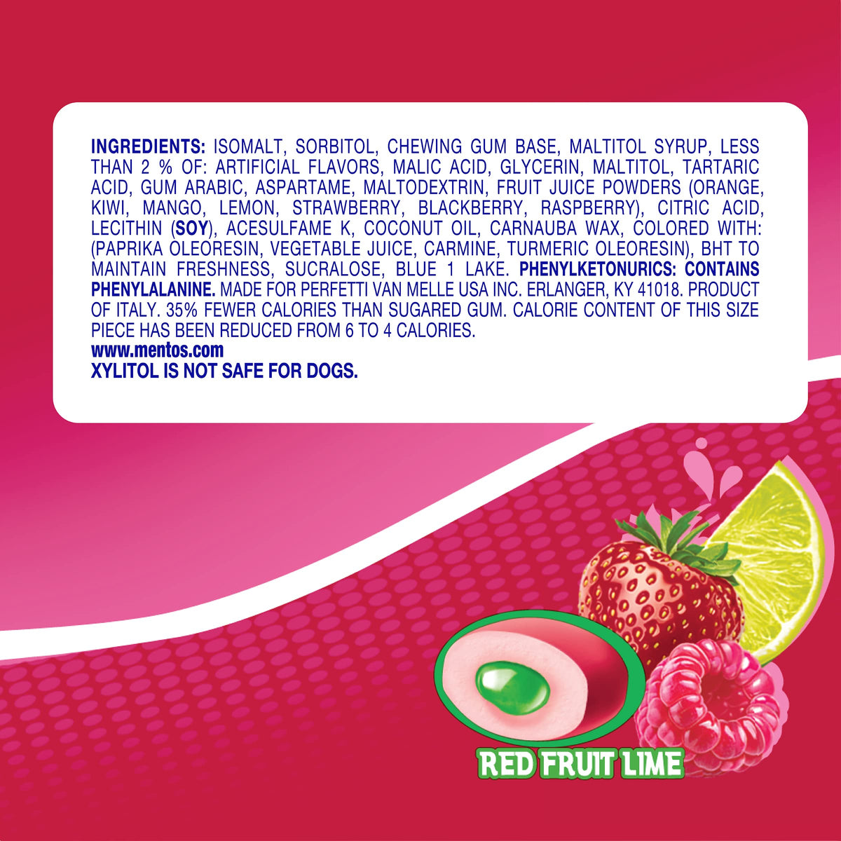 Xylitol-sweetened Mentos gum, refreshing flavor and use after meals.