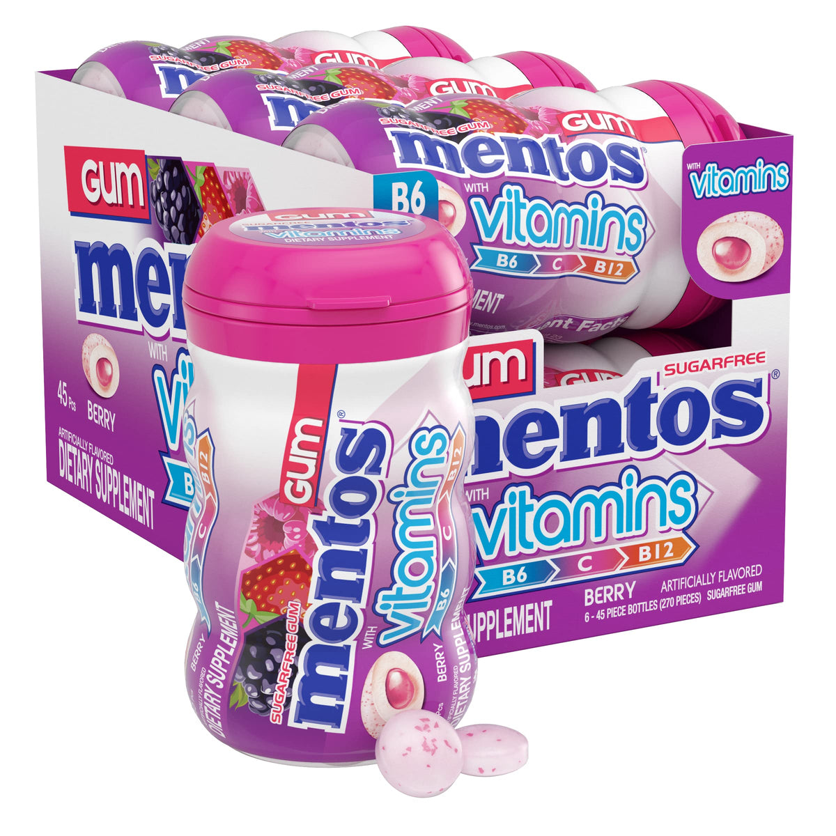 Mentos vitamin gum berry bottle front displays six 45-piece bottles
