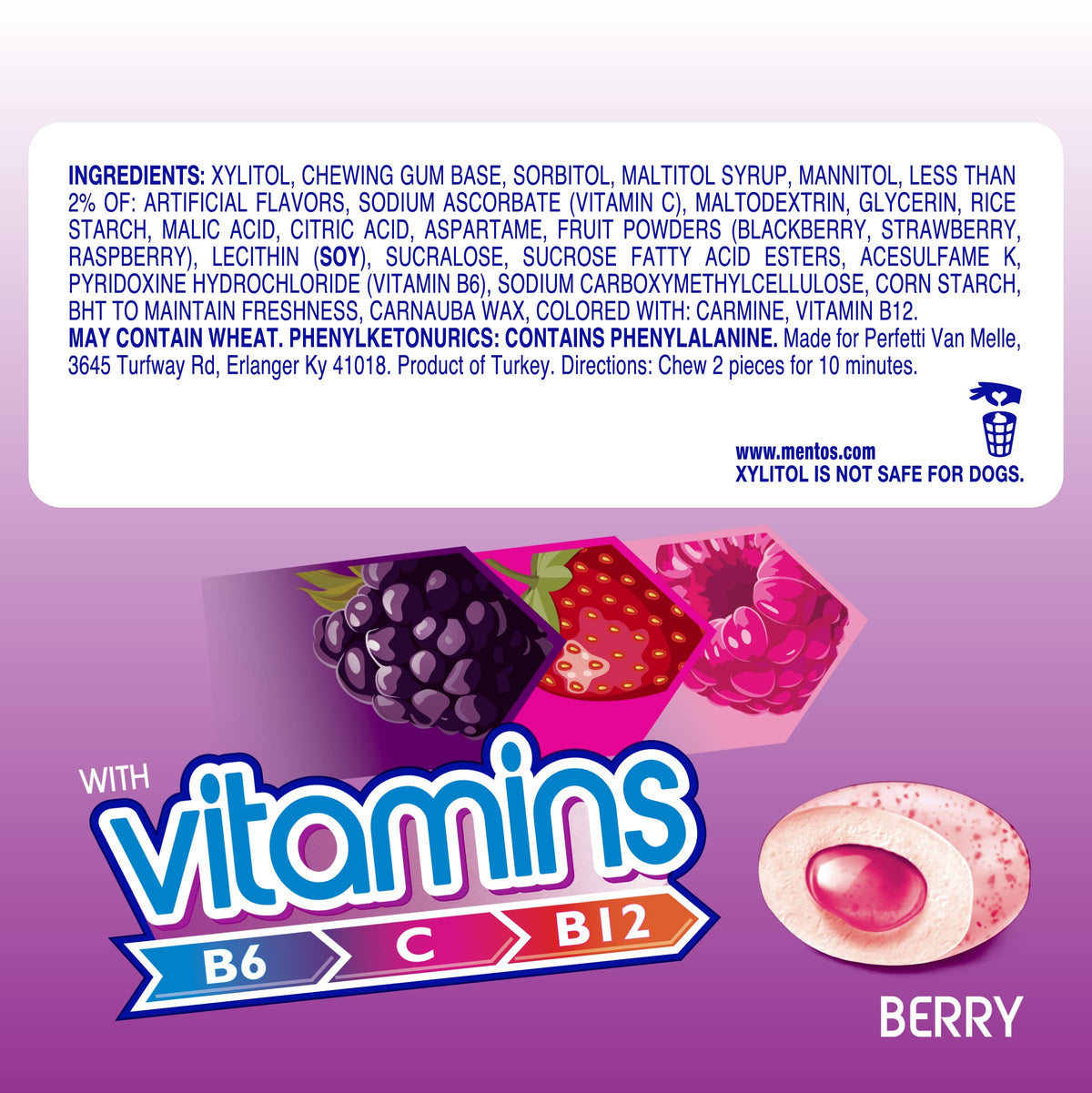 Mentos vitamin gum packing shows vitamins B6 B12 and C for use