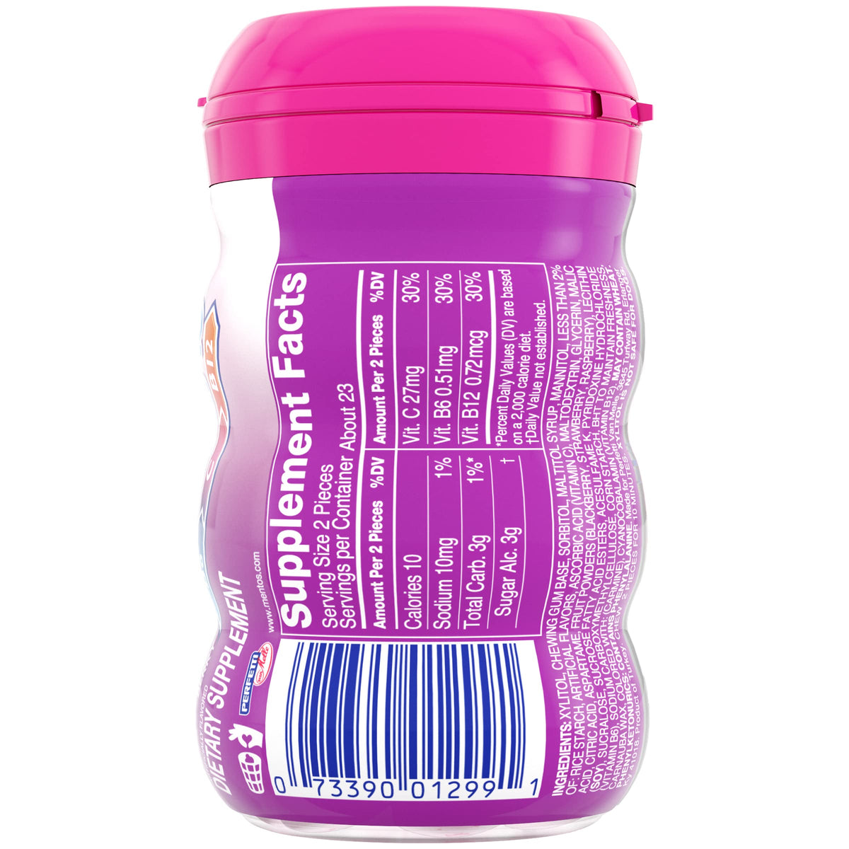 Mentos vitamin gum six-bottle display emphasizes value and portability